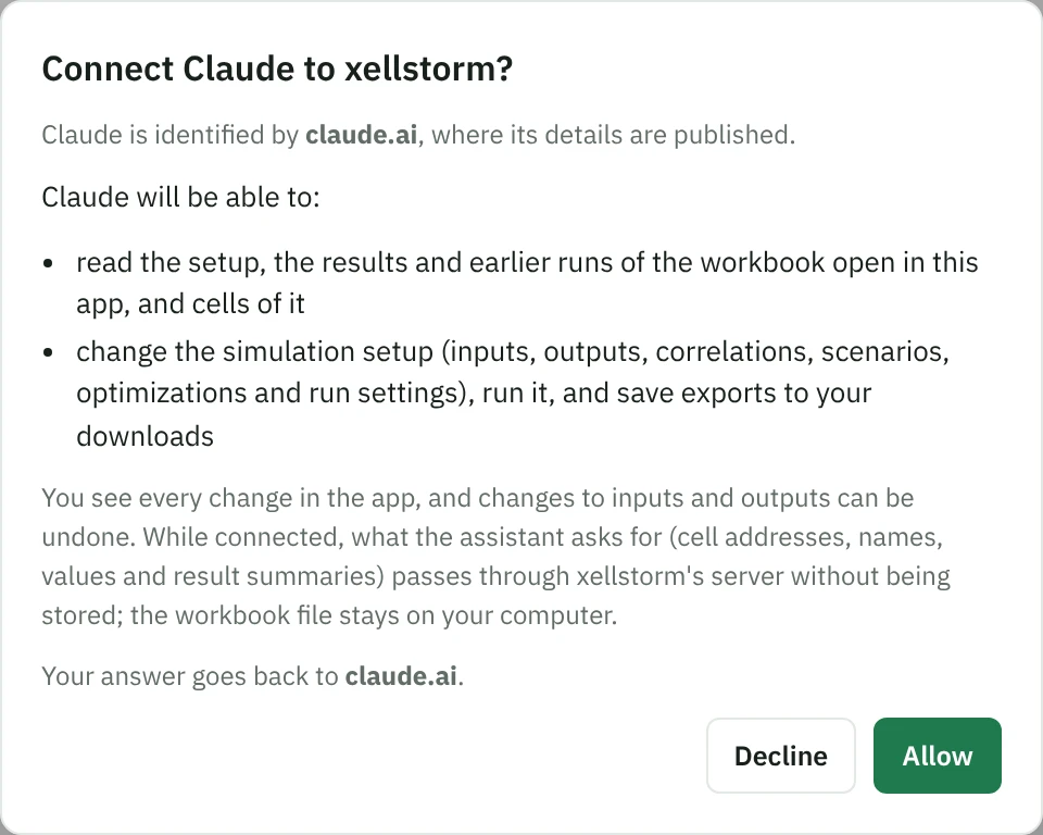 The xellstorm dialog “Connect Claude to xellstorm?”: Claude is identified by claude.ai; it will be able to read the setup and results of the workbook open in the app, change the simulation setup, run it and save exports; the buttons are Decline and Allow.