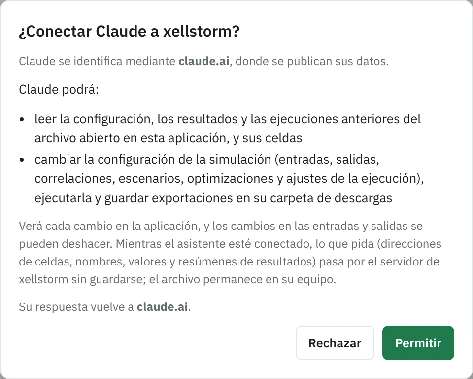 El cuadro de diálogo de xellstorm “¿Conectar Claude a xellstorm?”: Claude, identificado por claude.ai, podrá leer la configuración y los resultados del archivo abierto en la aplicación, cambiar la configuración de la simulación, ejecutarla y guardar exportaciones; los botones son Rechazar y Permitir.