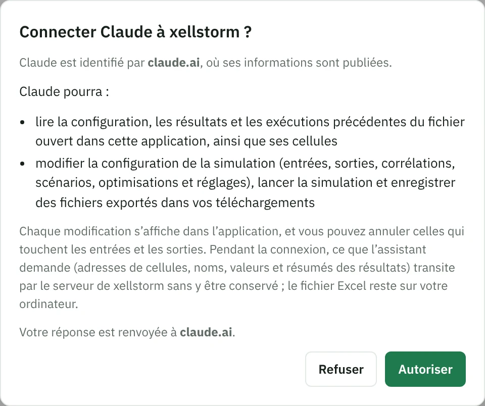 La boîte de dialogue de xellstorm « Connecter Claude à xellstorm ? » : Claude est identifié par claude.ai ; il pourra lire la configuration et les résultats du fichier ouvert dans l’application, modifier la configuration de la simulation, la lancer et enregistrer des fichiers exportés ; les boutons sont Refuser et Autoriser.